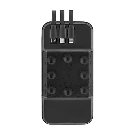 Promosyon siyah powerbank, dokuz vantuzlu yüzeyi ve ortadaki şimşek simgesiyle