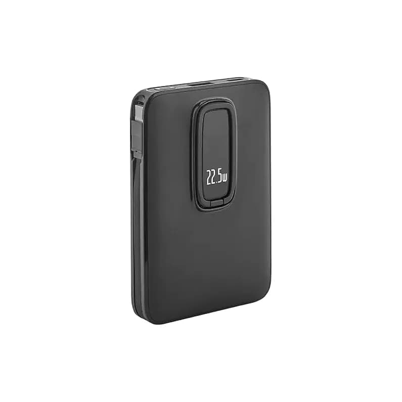 Siyah promosyon powerbank, oval göstergede 22.5W ve yanda entegre kablo
