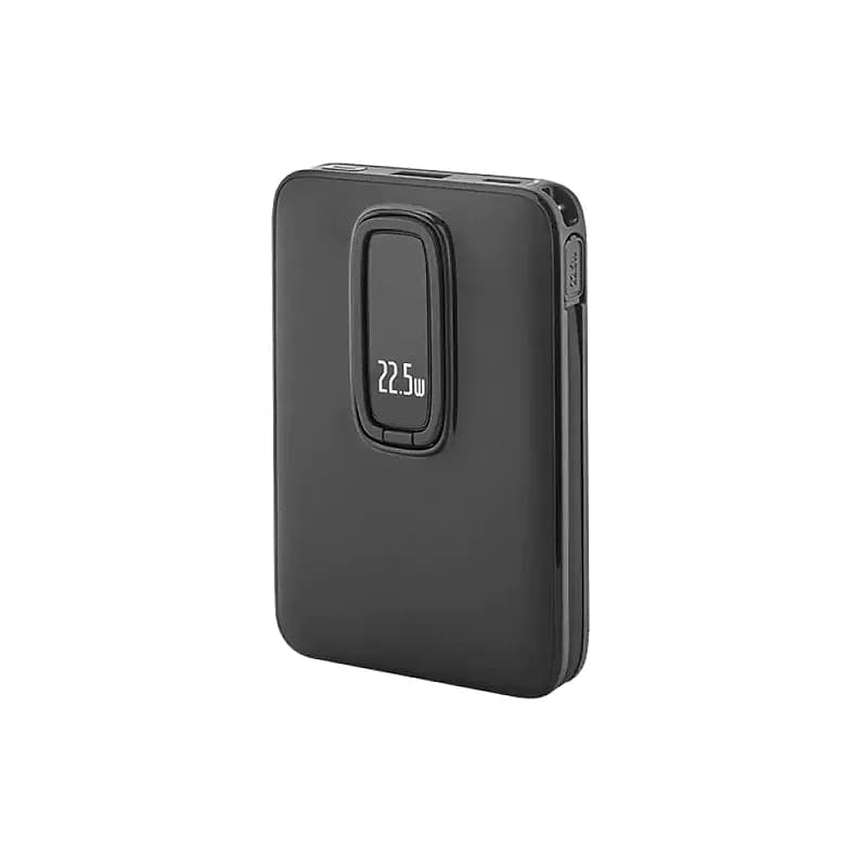 Siyah mat promosyon powerbank, oval ekranlı ve 22.5W göstergeli