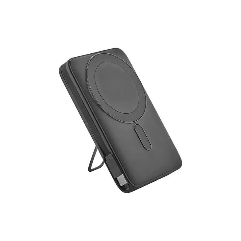Siyah promosyon powerbank, dairesel kablosuz alan ve kısa USB C kablo