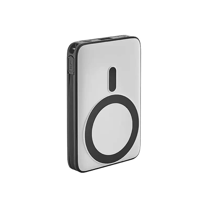 Beyaz promosyon powerbank, siyah halkalı ve 25 cm kayış etiketli