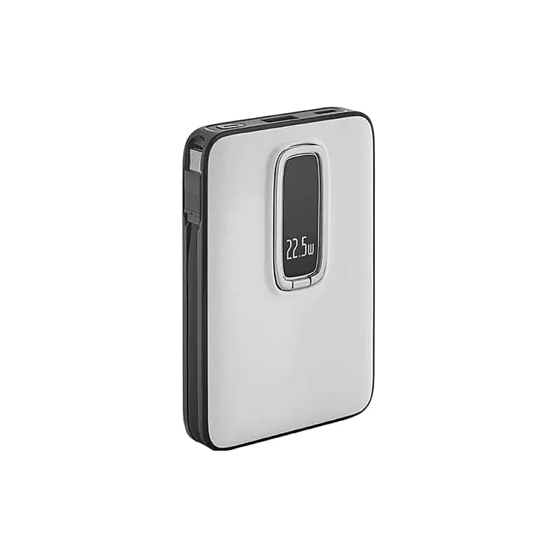 Beyaz yüzeyli promosyon powerbank, dikey ekranda 22.5W yazısı