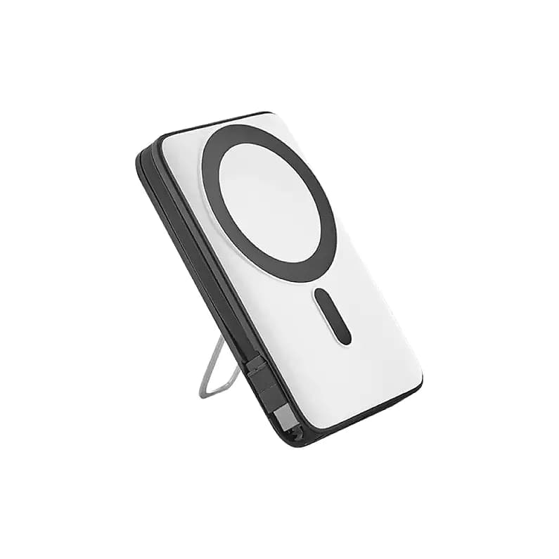 Beyaz promosyon powerbank, açık katlanır stant ve siyah şarj halkası