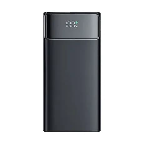 Promosyon siyah powerbank, üst köşedeki dijital yüzde göstergesi ve mat gövdesiyle