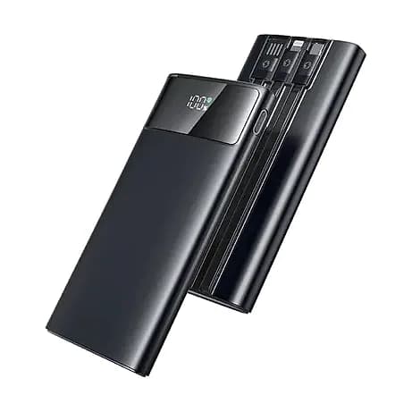 Promosyon iki adet siyah powerbank, biri dijital göstergeli diğeri kablolu yüzüyle