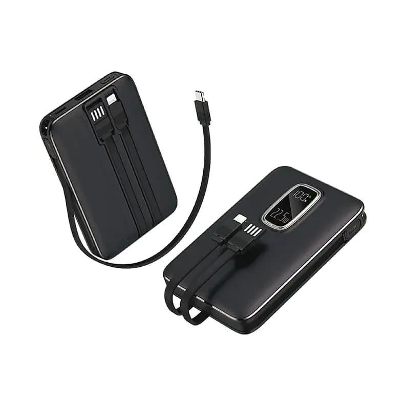 Promosyon siyah gövdeli 22.5W hızlı şarj powerbank, dijital şarj göstergesi ve gömülü kablolarla