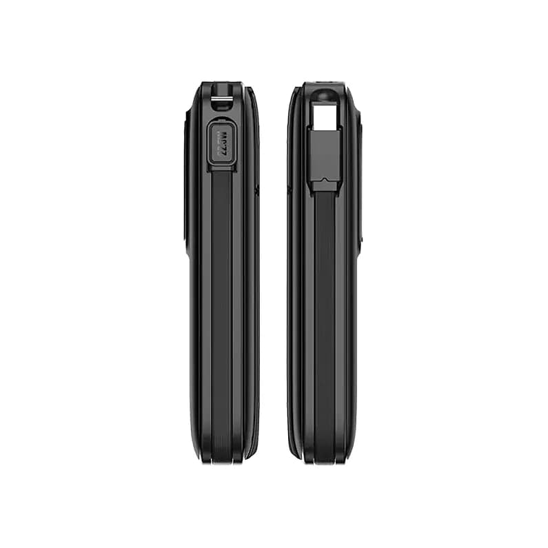 Promosyon ince siyah powerbank yan görünüm, güç düğmesi ve kayar kapaklı giriş bölmesi detayı