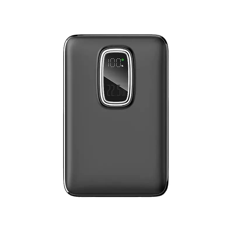 Promosyon siyah ince powerbank, kapsül biçimli dijital ekranında yüzde 100 ve 22.5W yazısı