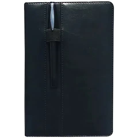 promosyon siyah deri kapaklı defter, siyah kalem ve gümüş klips, beyaz fon