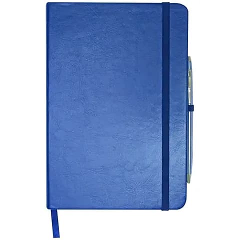 promosyon mavi dokulu deri defter, koyu mavi lastik, metalik kalem ve ayraç şeridi