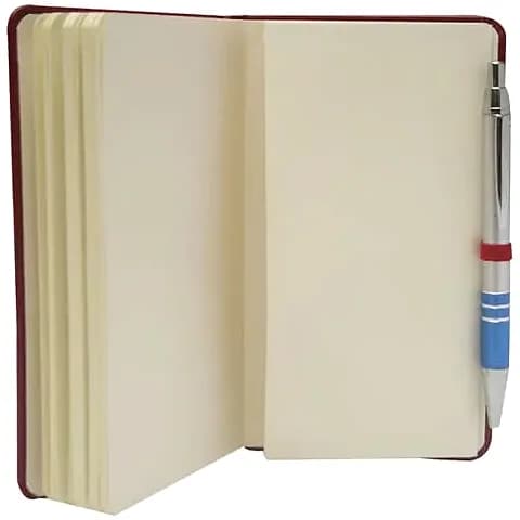 promosyon açık defter, krem çizgisiz sayfalar ve mavi gövdeli gümüş uçlu kalem