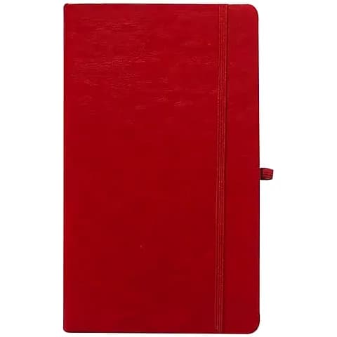 promosyon kırmızı dokulu deri defter kapağı, dikey lastik bant ve beyaz fon