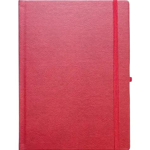 promosyon kırmızı dokulu defter, sağda dikey lastik bant ve kalem halkası, yazısız, beyaz zemin