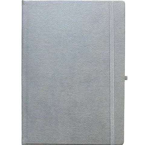 promosyon açık gri dokulu defter, sağ kenarda lastik bant ve kalem halkası, beyaz arka plan