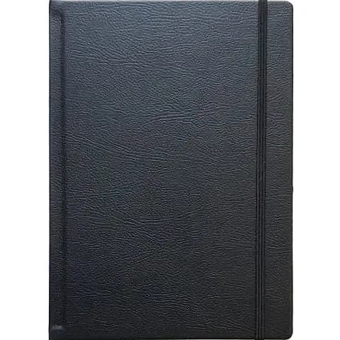 promosyon siyah deri dokulu defter kapağı, sağda dikey lastik bant, yazısız, beyaz zemin