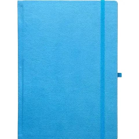 promosyon mavi deri görünümlü defter, lastik bantlı, kalem halkalı, yazısız, beyaz arka plan