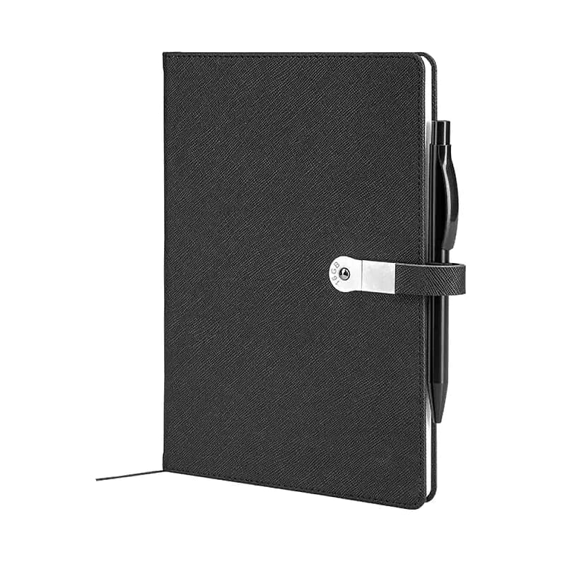 Kilitli siyah deri promosyon defter, gümüş şifreli kilit ve siyah kalem