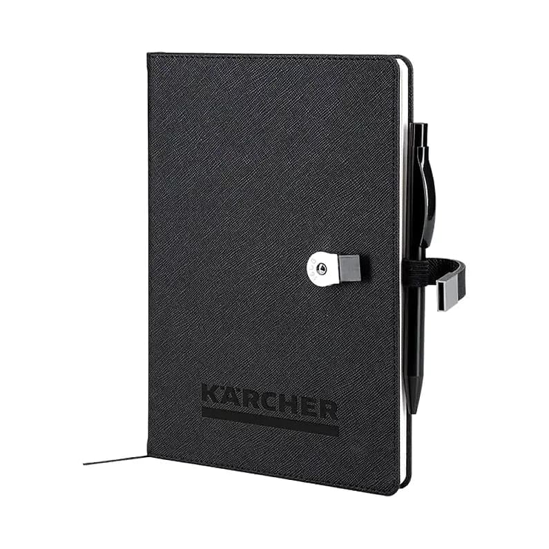 Siyah dokulu promosyon defter, beyaz düğmeli lastik ve kurdele ayraç