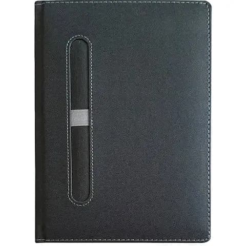 promosyon siyah deri defter kapağı, beyaz dikişli, sol yanda dikey kalem halkası, gri şeritli