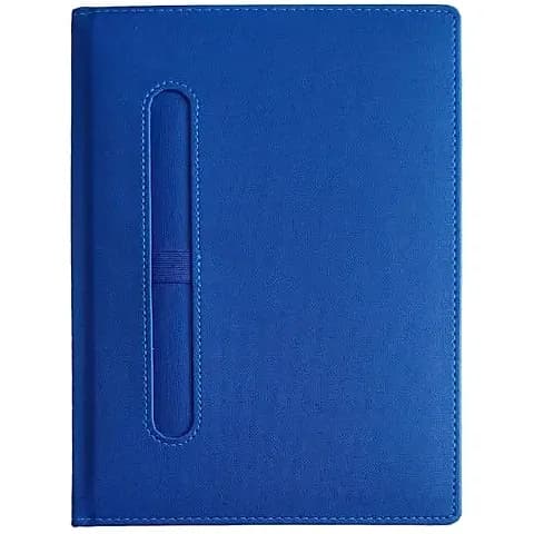 promosyon mavi dokulu defter, dikişli kenarlar, sol yanda dikey kalem tutucu, tek adet, beyaz zemin