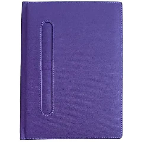 promosyon mor dokulu defter kapağı, dikişli kenar, solda oval kesik ve şerit detay, yazısız