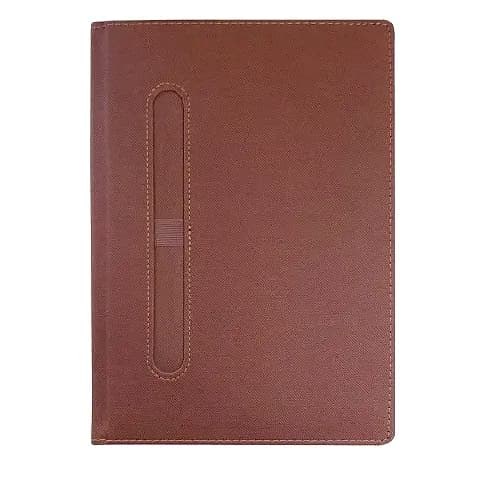 promosyon kahverengi deri görünümlü kapaklı defter, dikey kalem halkalı, tek adet, beyaz zemin