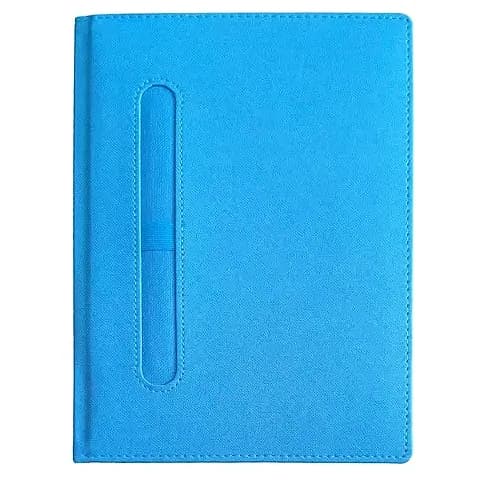 promosyon mavi deri görünümlü defter, dikişli, dikey kalem cepli, baskısız, beyaz arka plan
