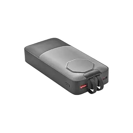Promosyon powerbankin yanındaki kırmızı USB çıkışı ve halka şeklinde duran kablolar