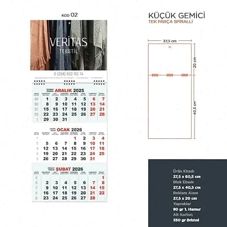 Gemici Takvimi — Küçük Boy, Tek Parça Spiralli — logolu promosyon ürünü