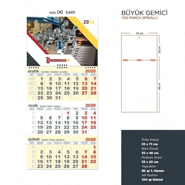 Tek Parça Spiral Gemici Takvimi, 250 Adet; promosyon siparişlerinde kurumsal baskı için hazır