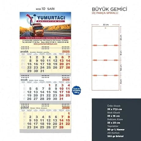 Üç Parçalı Spiralli Büyük Gemici Takvimi için logolu promosyon üretimi