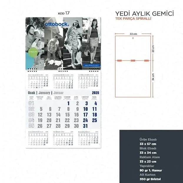 7 Aylık Gemici Takvimi, Tek Parça Spiral — logo baskılı promosyon seçeneği