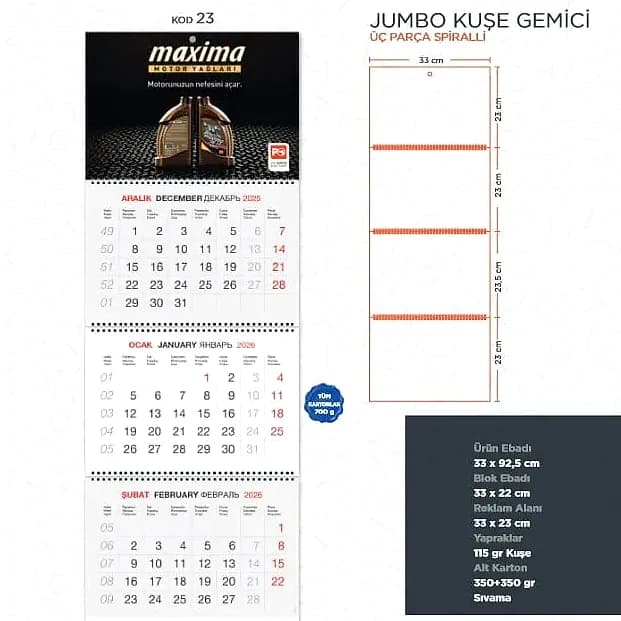 Jumbo Gemici Takvimi Tek Parça Kuşe — logo baskılı promosyon seçeneği