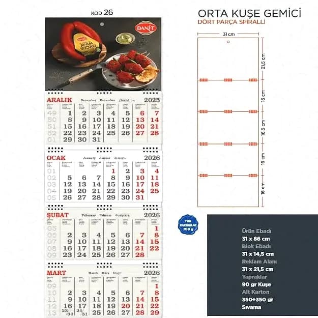 Dört Parça Spiralli Kuşe Gemici Takvimi — logolu promosyon ürünü