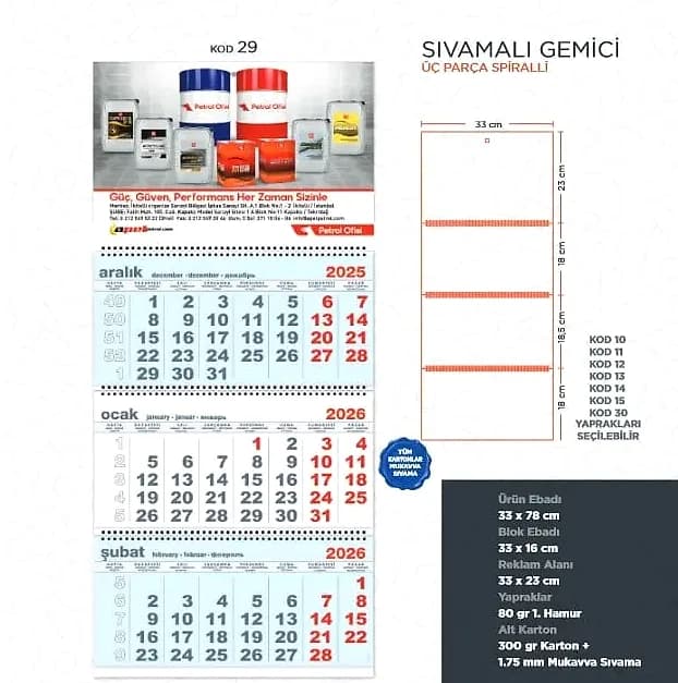 Mukavva Sıvama Gemici Takvimi, Kalın Sırt — logo baskılı promosyon seçeneği