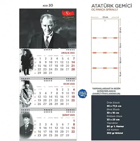 Atatürk Temalı Gemici Takvimi, 160 TL — logo baskılı promosyon seçeneği