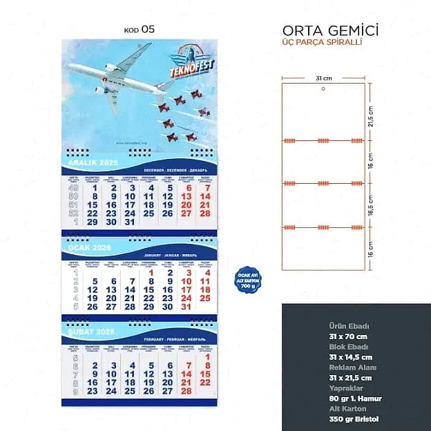 Orta Boy Gemici Takvimi, Üç Parça Spiral — logolu promosyon ürünü