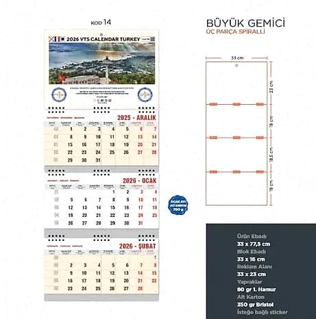 Üç Parçalı Gemici Takvimi, Spiralli, promosyon kataloğunda logolu model
