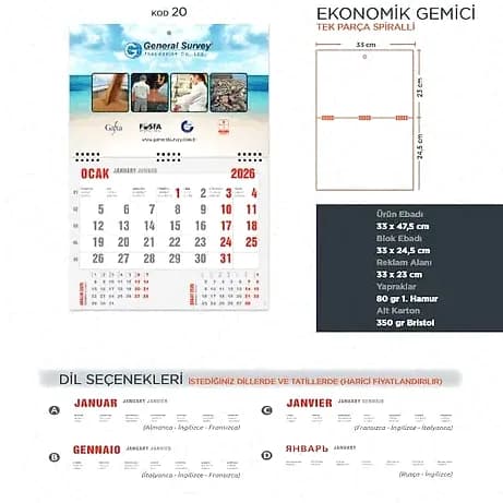 Ekonomik Gemici Takvimi, Tek Parça Spiral — toptan promosyon siparişlerine uygun