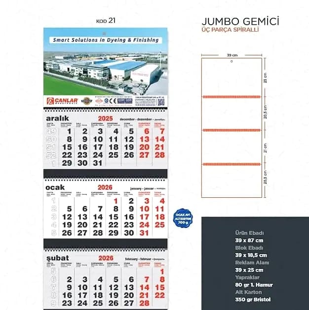 Jumbo Boy Gemici Takvimi — Üç Parça Spiral, promosyon kataloğunda logolu model