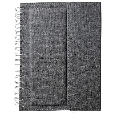 promosyon gri kumaş kaplı telli defter, dikişli ön yüzey, tek adet, yazısız, beyaz arka plan