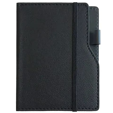 promosyon siyah deri görünümlü dikdörtgen defter, dikişli kenarlı, dikey elastik bantlı, beyaz zemin