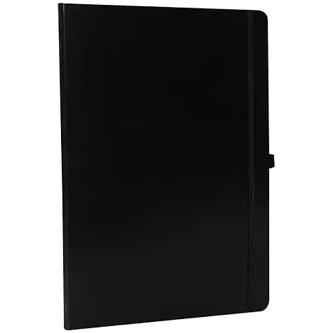 promosyon siyah cilt bezi kapaklı defter, sağ kenarda dikey siyah elastik bant