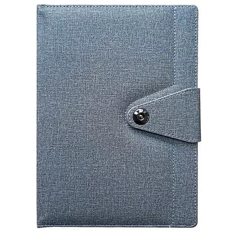 promosyon mavi-gri kumaş kaplı defter, siyah yuvarlak düğmeli kapak, baskısız, beyaz arka plan