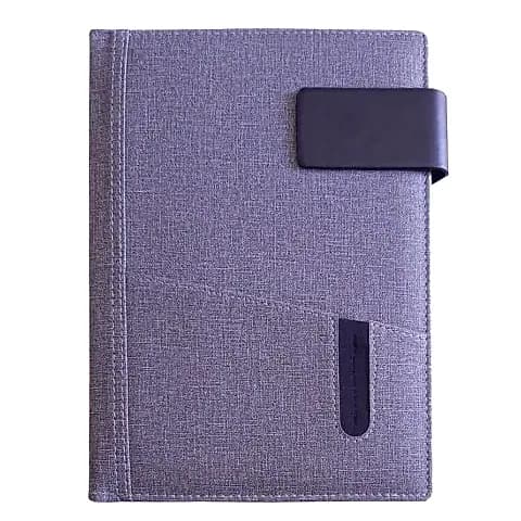 promosyon gri-mor dokulu defter kapağı, siyah elastik bant, kalem halkası, dikişli kenar, yazısız