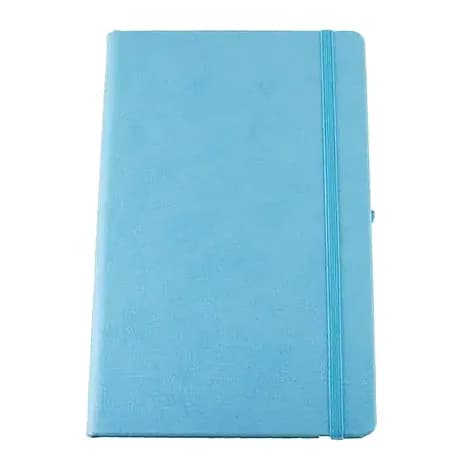 promosyon açık mavi suni deri kapaklı lastikli defter, yanda küçük kalem halkası, düz kapak