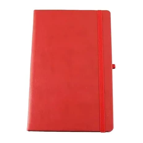promosyon parlak kırmızı suni deri kapaklı lastikli defter, yanda ton uyumlu kalem halkası