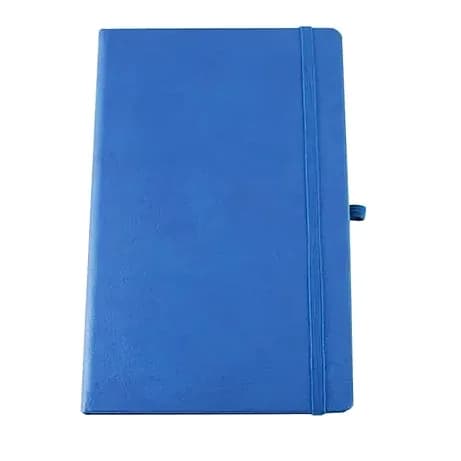 promosyon mavi suni deri kapaklı lastikli defter, sağ yanda kalem halkası, hafif üstten çekim