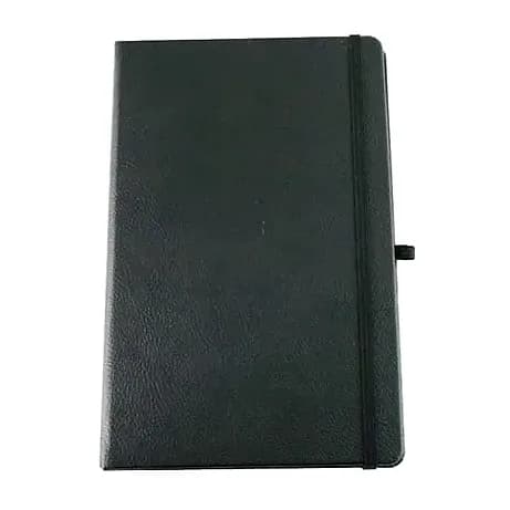 promosyon siyah suni deri kapaklı lastikli defter, sağ yanda kalem halkası, beyaz fon