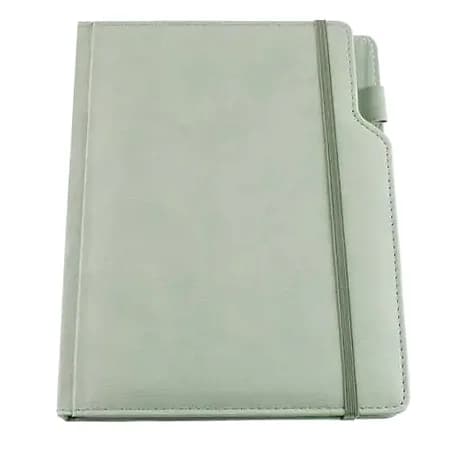 promosyon açık gri suni deri kapaklı lastikli defter, görünür dikiş detayı, düz ön çekim